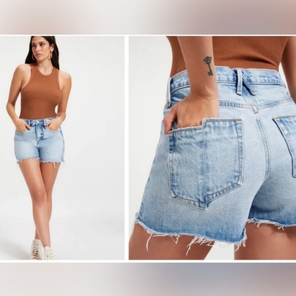 Good American Indigo Good 90's High Waist Denim Distressed Shorts - Picture 1 of 9